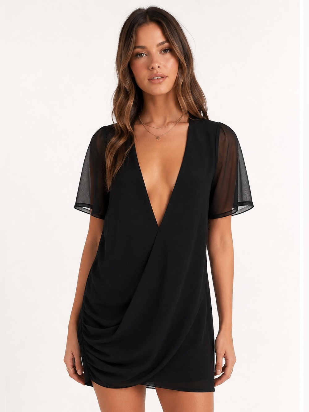 Tobi Black Deep V Neck Sheer Sleeve Mini Dress